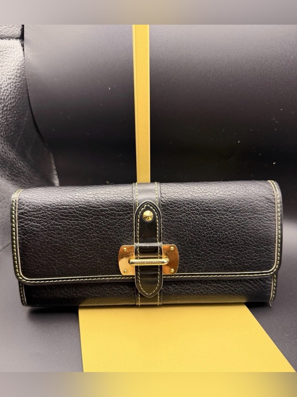 Vintage Louis Vuitton Suhali Black Leather Long Wallet Gold Hardware | COA